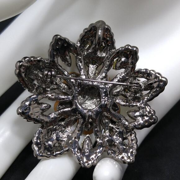 Vintage Floral Light Dark Topaz Rhinestones Brooch Pendant Combo, 1990s, 2 Inch - Picture 4 of 7